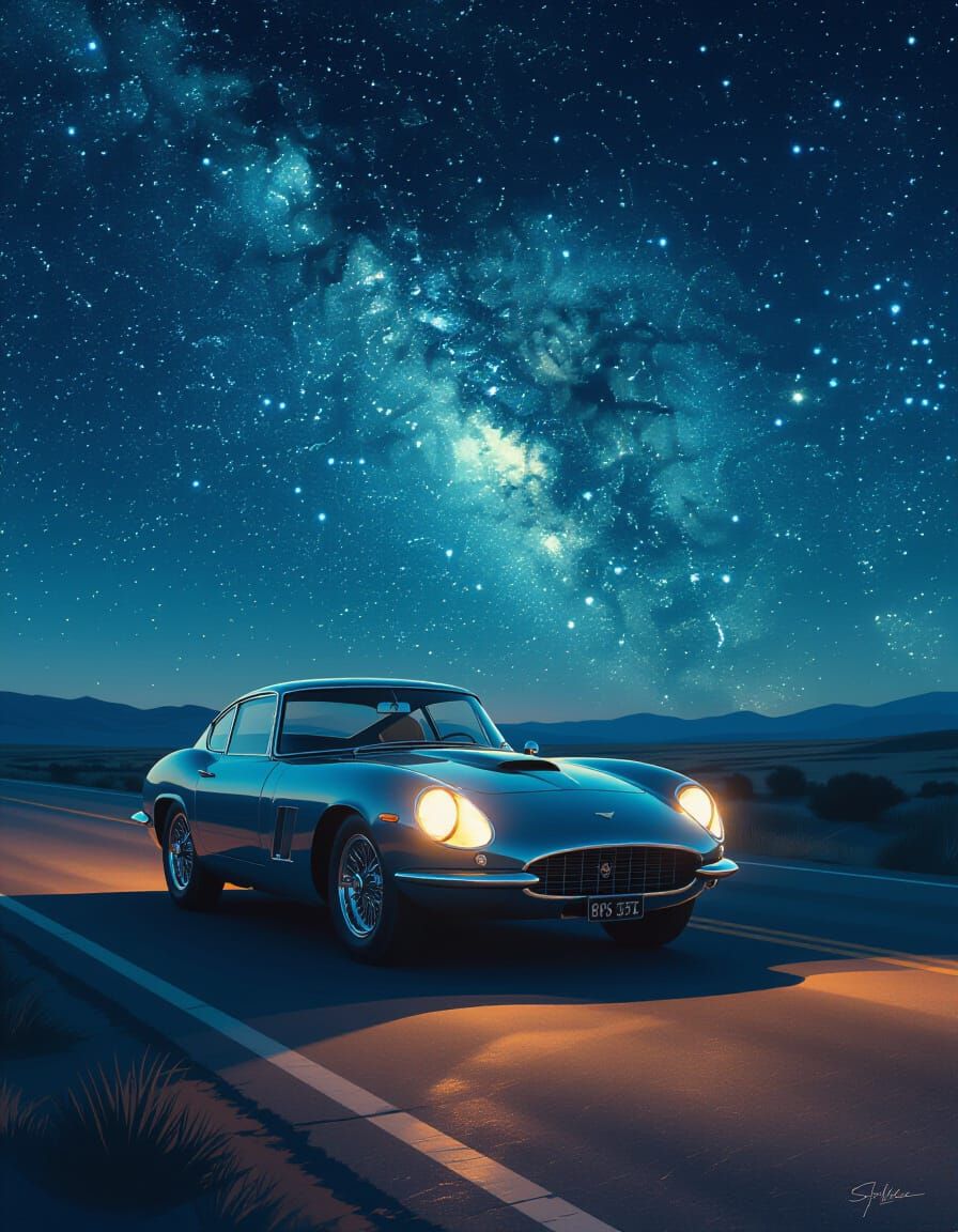 Vintage Sportscar Under Starry Sky Digital Painting