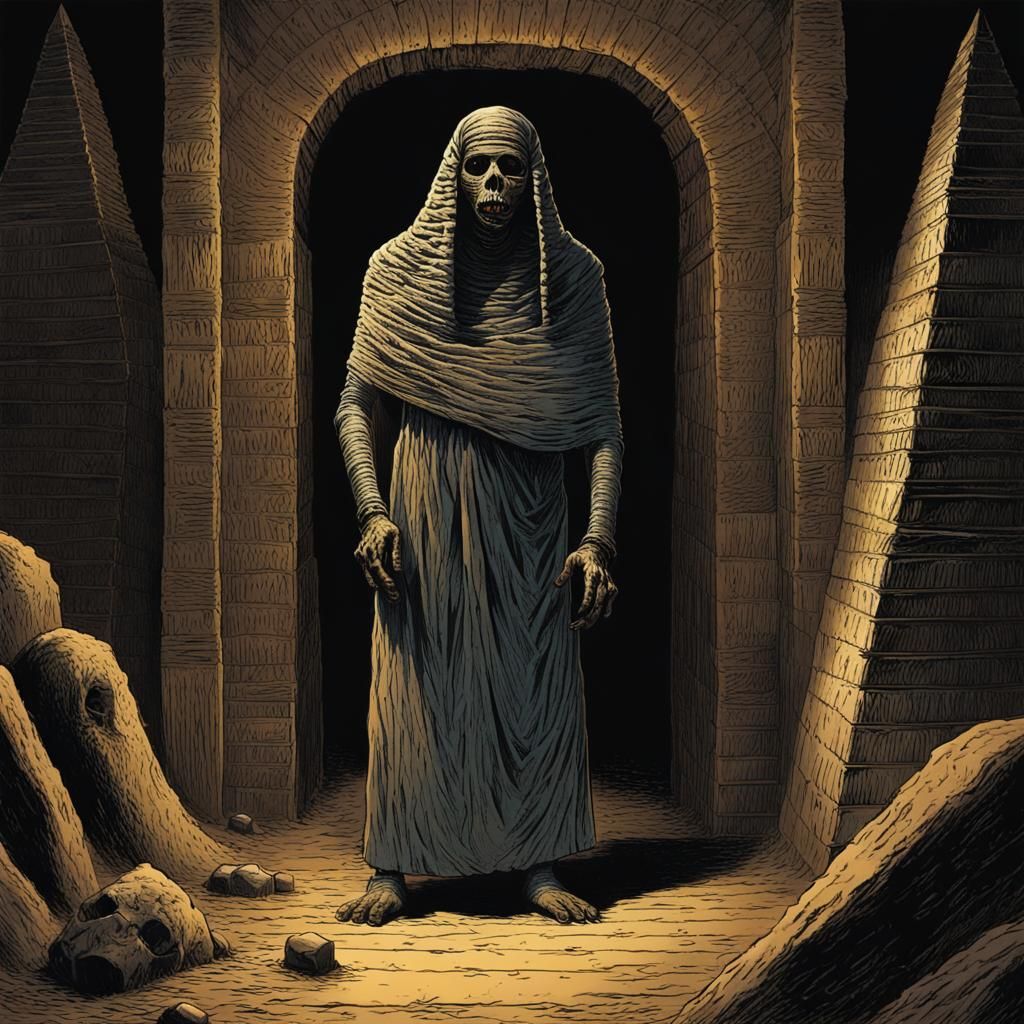 Mummy Hiding in Dark Pyramid: Creepy Black Metal Art