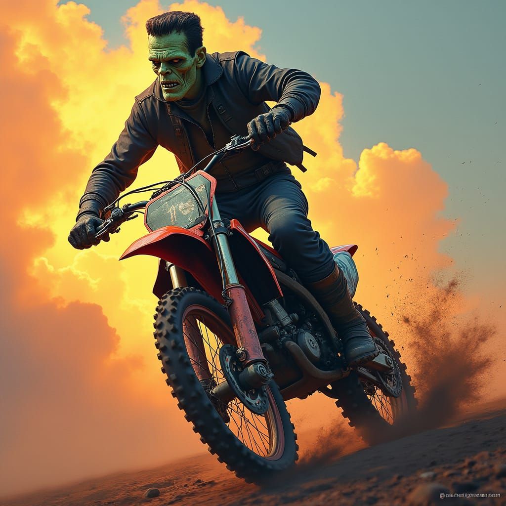 Frankenstein's Monster Rides Motocross, Hyperrealistic Digit...