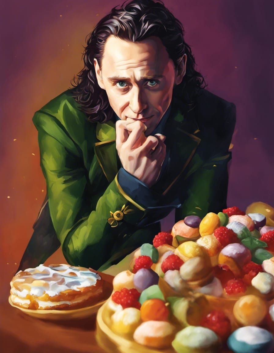 Loki Surrounded by Sweets: An Impressionistic Illustration