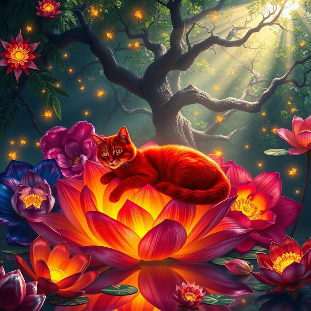 Surreal Floral Scene with Majestic Cats in Vibrant, Shimmeri...