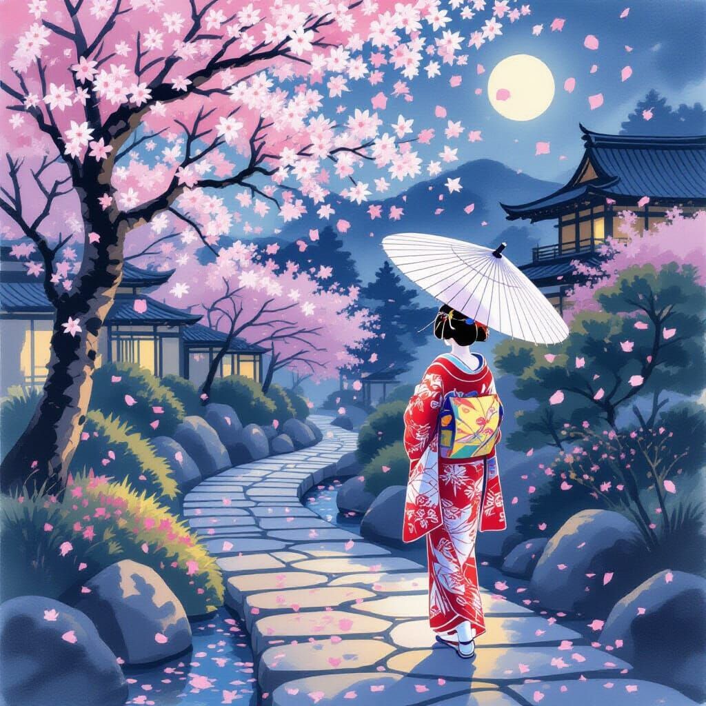 Geisha Walks Through Serene Japanese Garden at Dusk