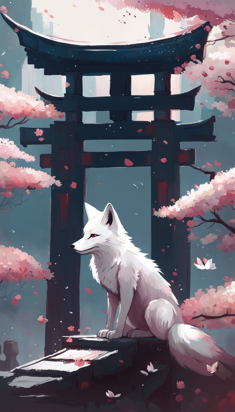 Majestic White Fox on Torii Gate in Watercolor Style