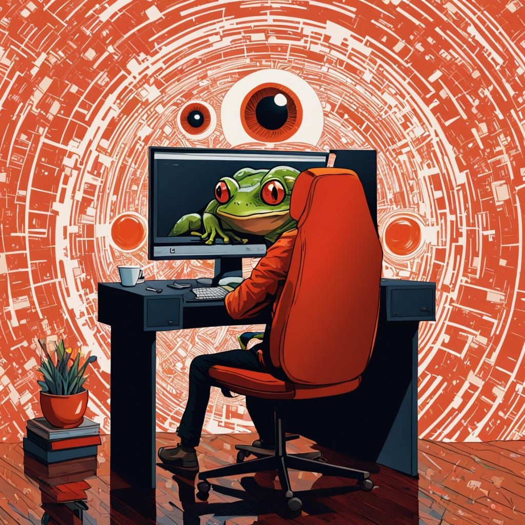 Macro Frog Eye Reflects Pixelated Living Room