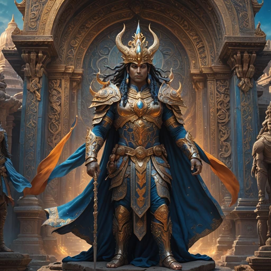 Shiva as Superhero in Mystical City, Fantasy Art