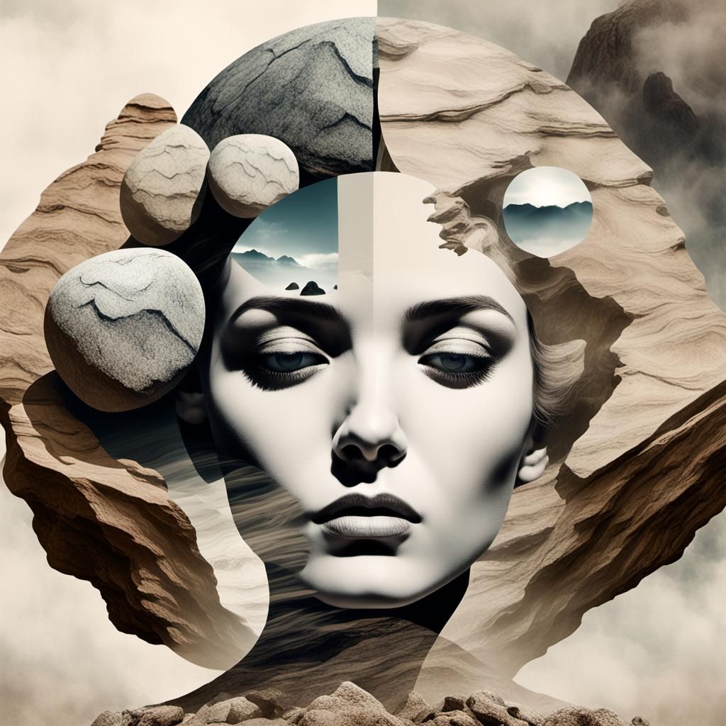 Surrealistic Rock Portrait in Beige Tones, Double Exposure