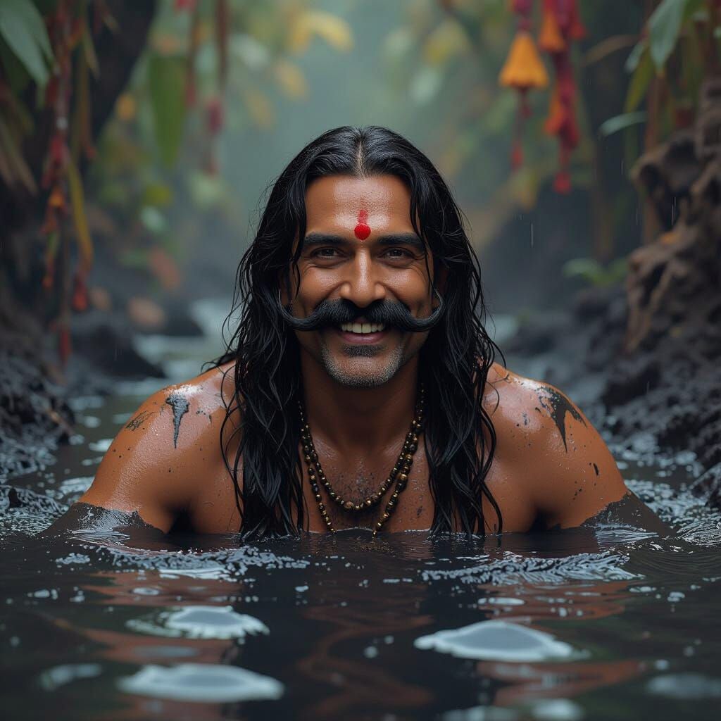 Joyful Indian Man Bathes in Black Mud - Matte Painting