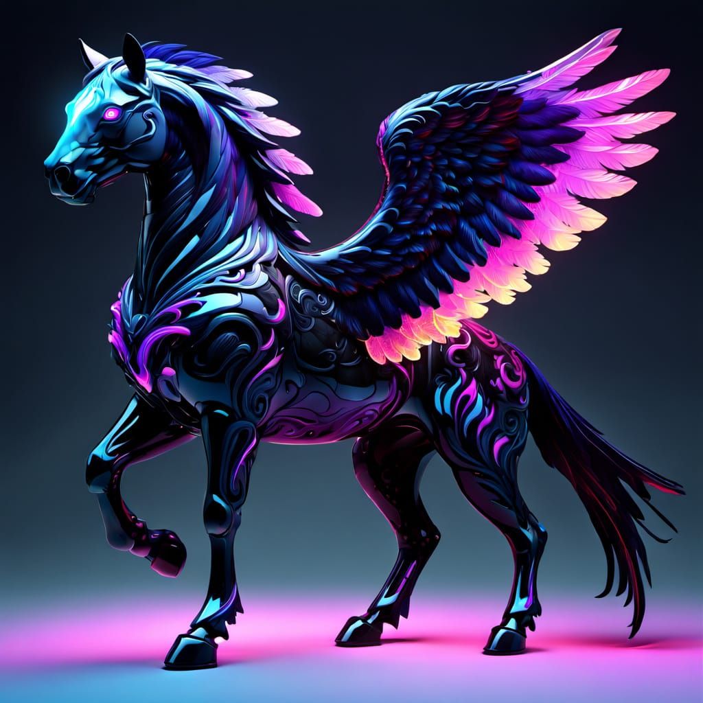 Psychedelic Horse-Panther-Raven Hybrid in Neon Colors