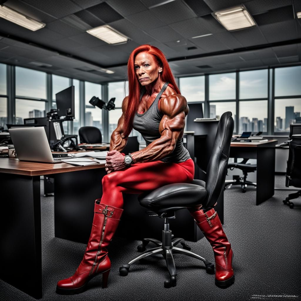 Hyperrealistic Female Bodybuilder at the Office