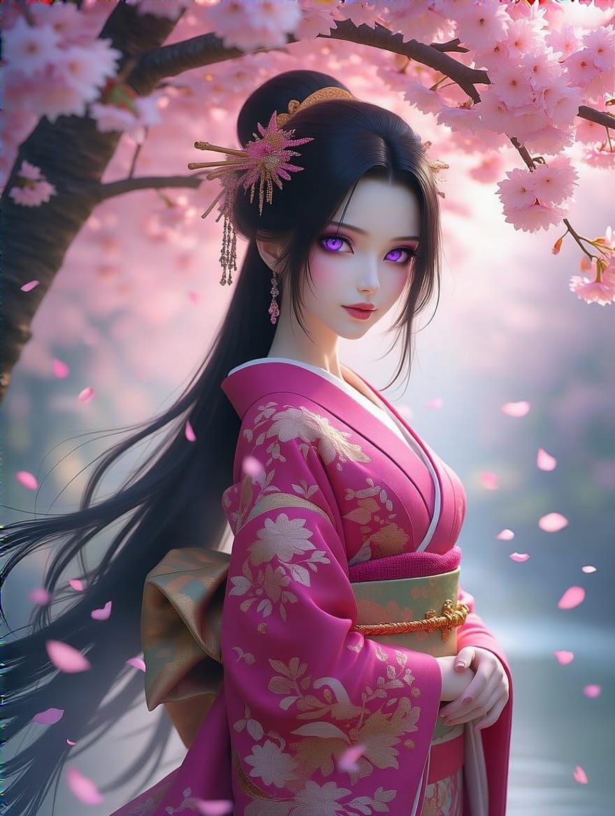 Ethereal Princess in Fuchsia Kimono under Cherry Blossoms