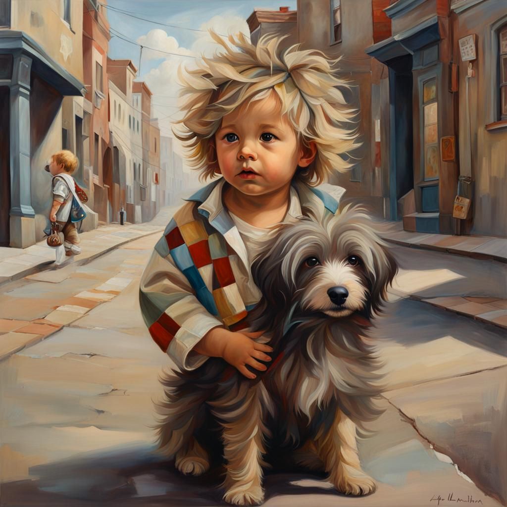 Whimsical Oil Painting: Toddler and Dog in Street