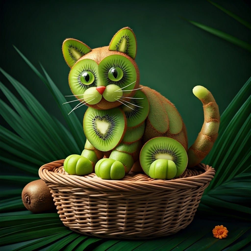Whimsical Kiwi Feline Still Life