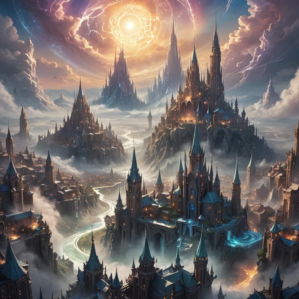 Dreamlike Cityscape with Crystalline Spires in Ethereal Haze
