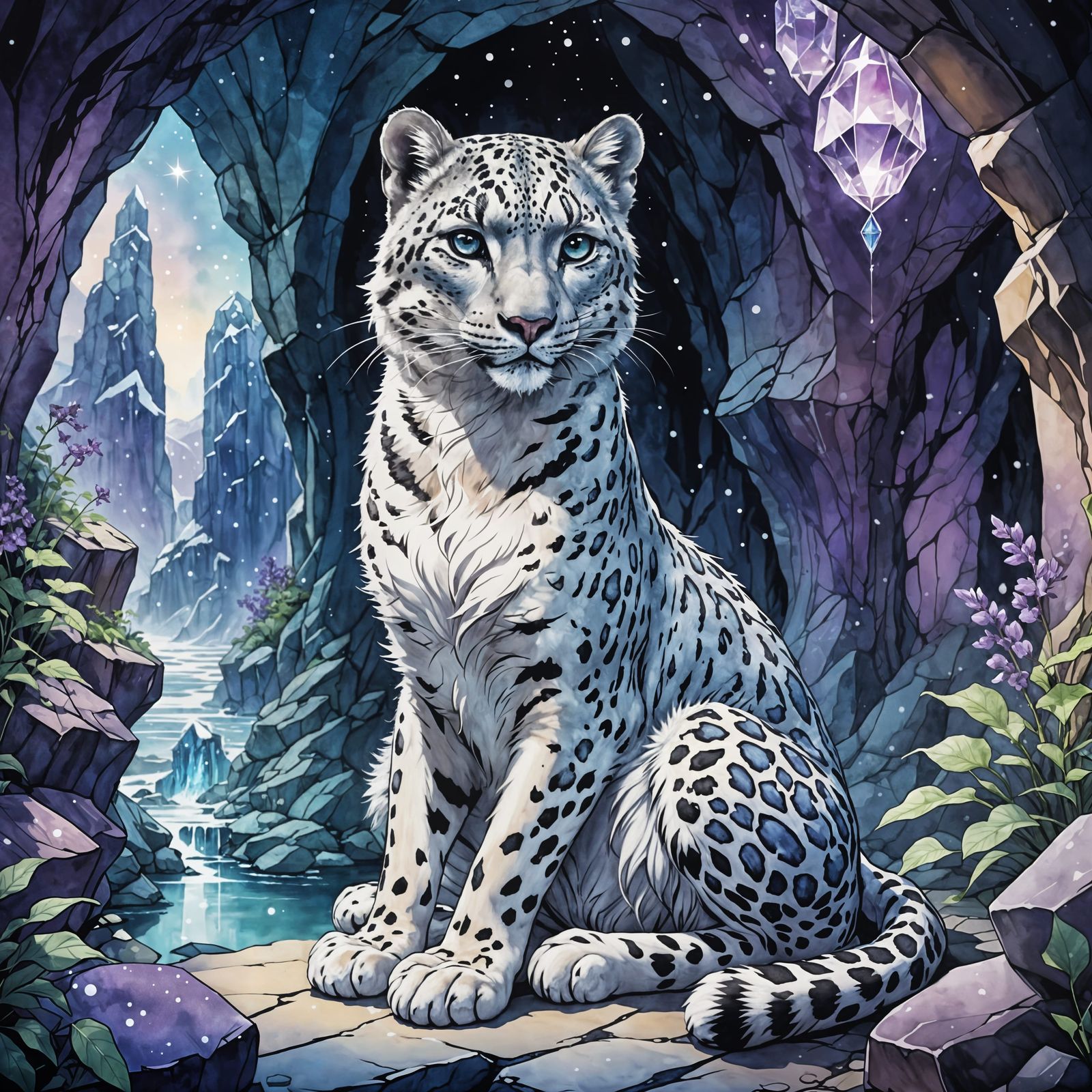 Anthropomorphic Snow Leopard in Crystal Cave, Anime Style