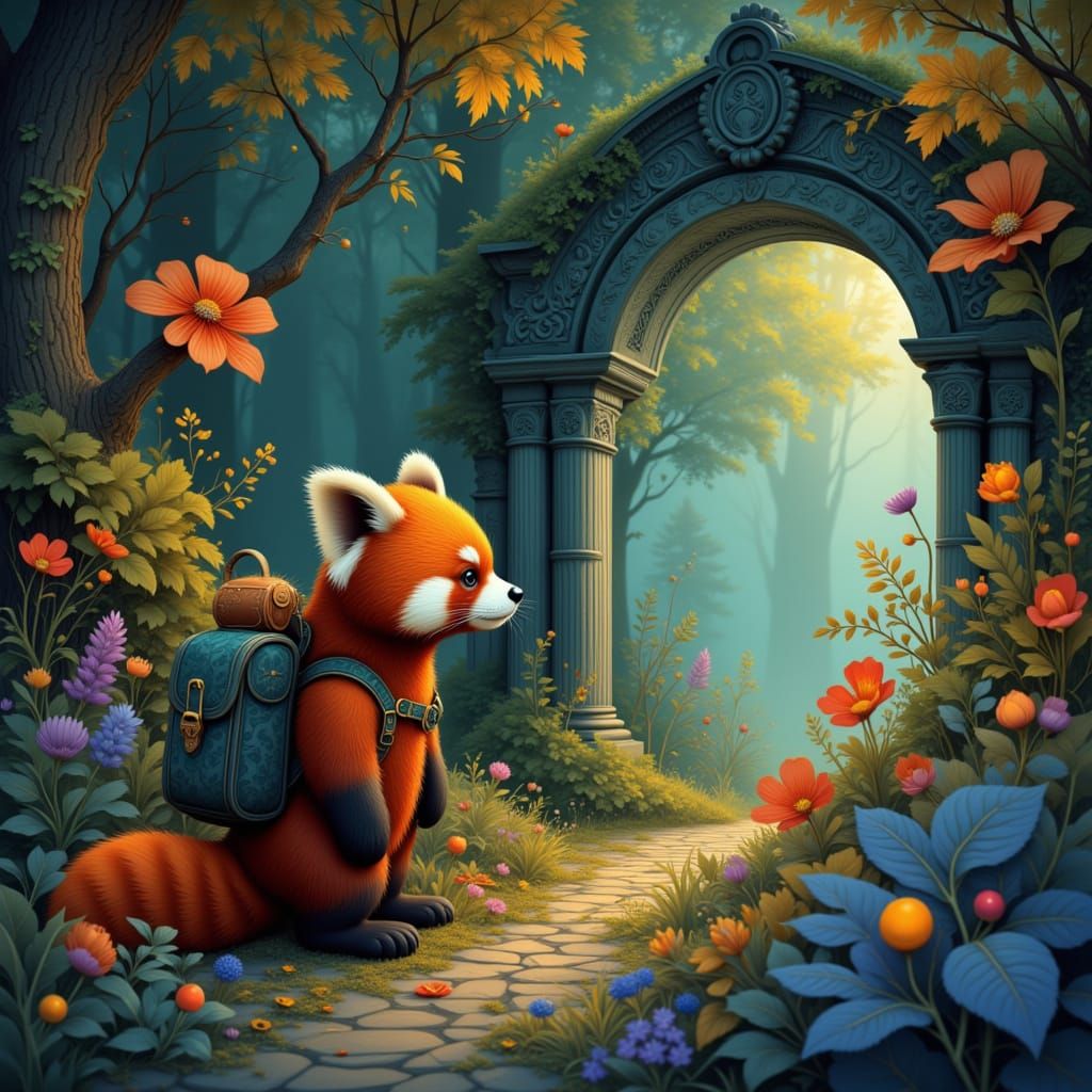Red Panda Explores Dreamlike Forest with Glowing Flora