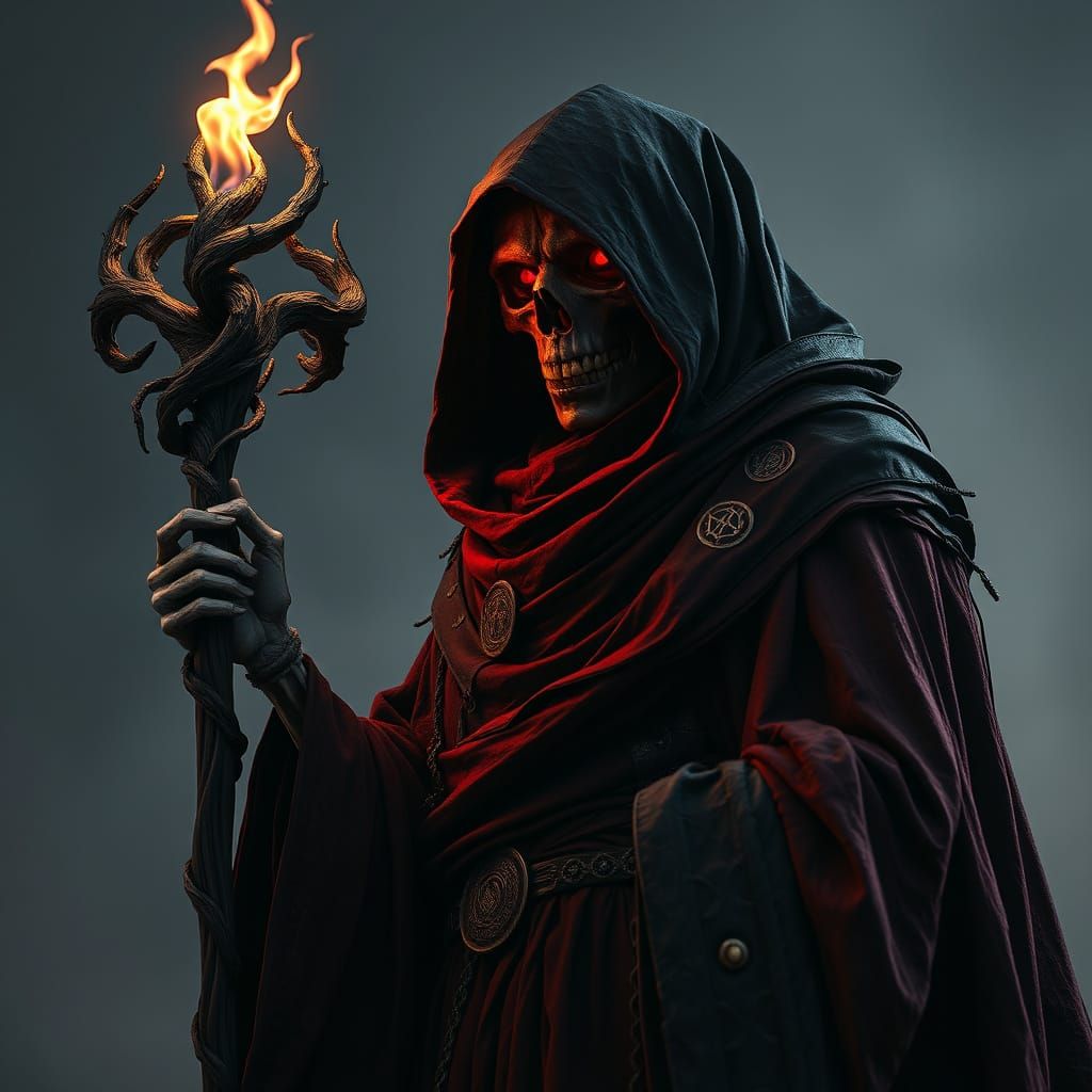 Dark Figure Adorned in Crimson and Ebony Robes