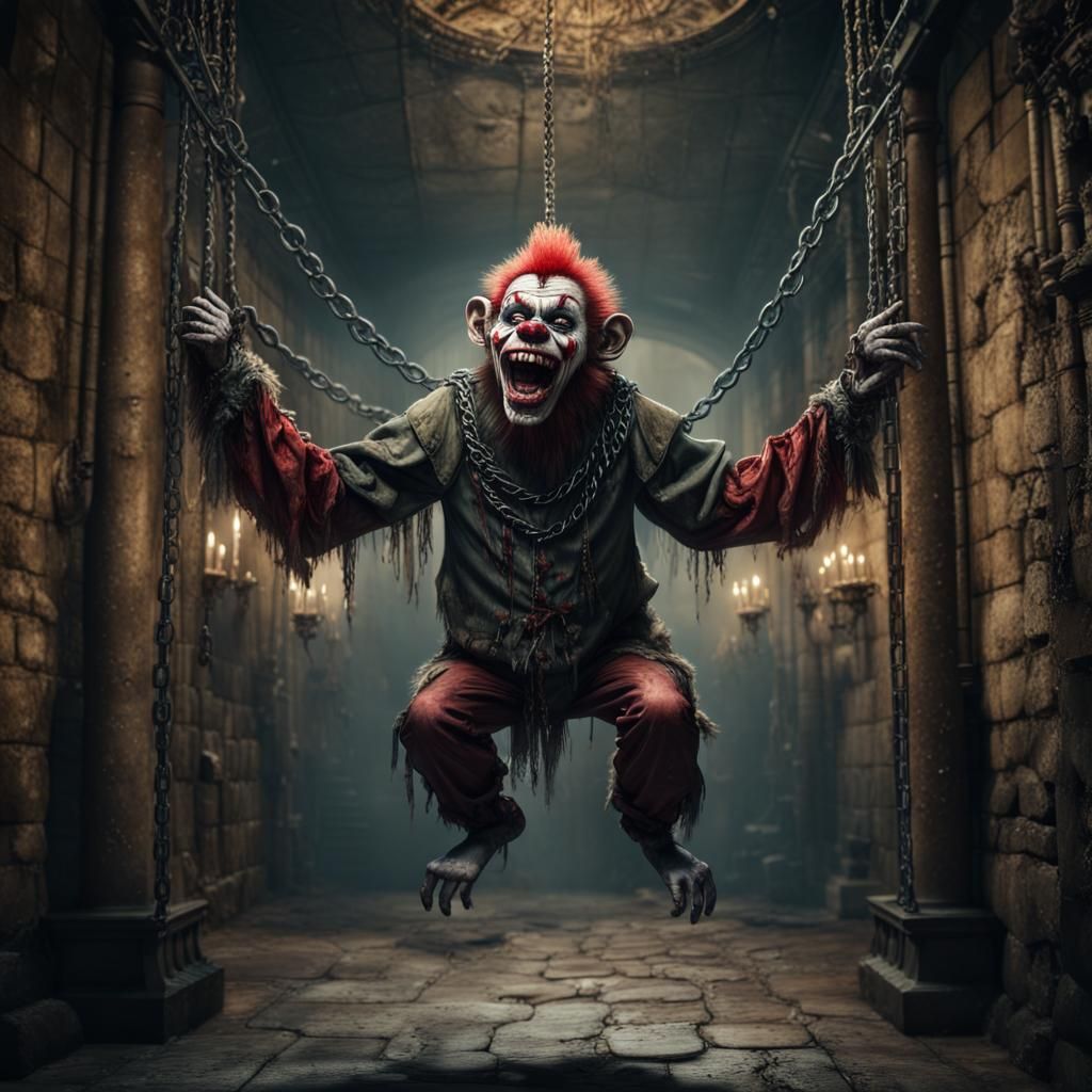 Zombie Monkey Clown in Dungeon: Digital Matte Painting