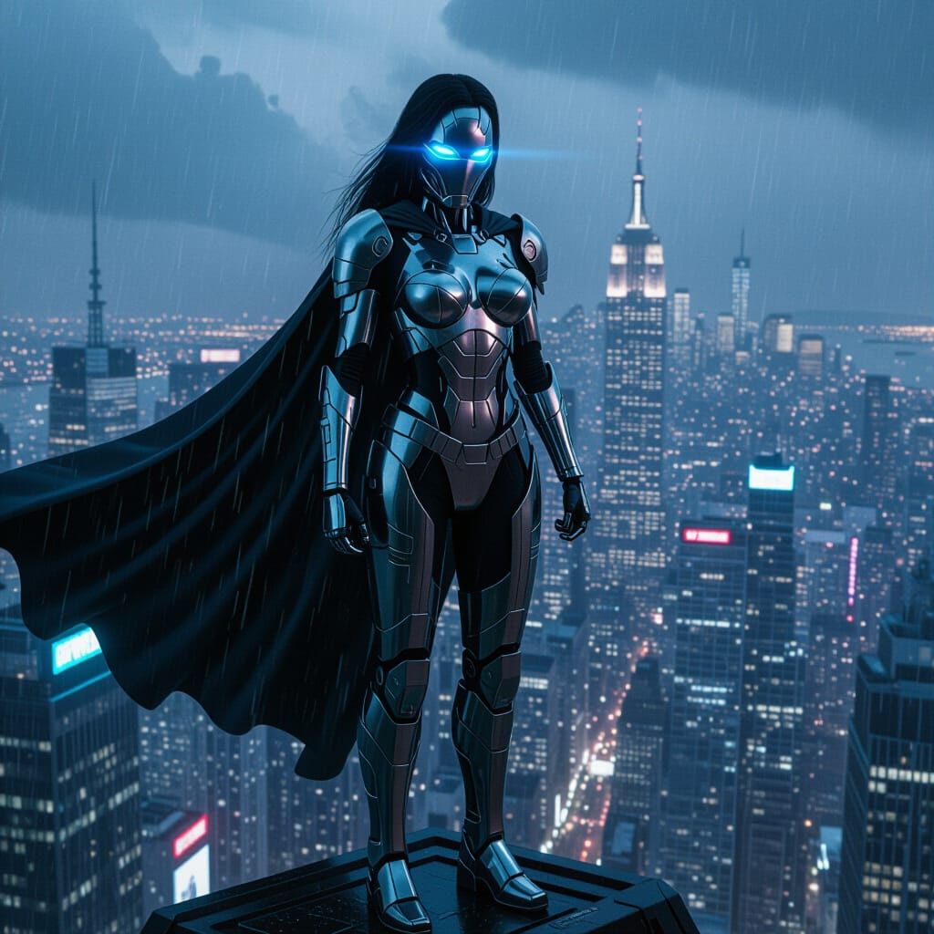 Futuristic Cyborg Warrior Overlooking New York City