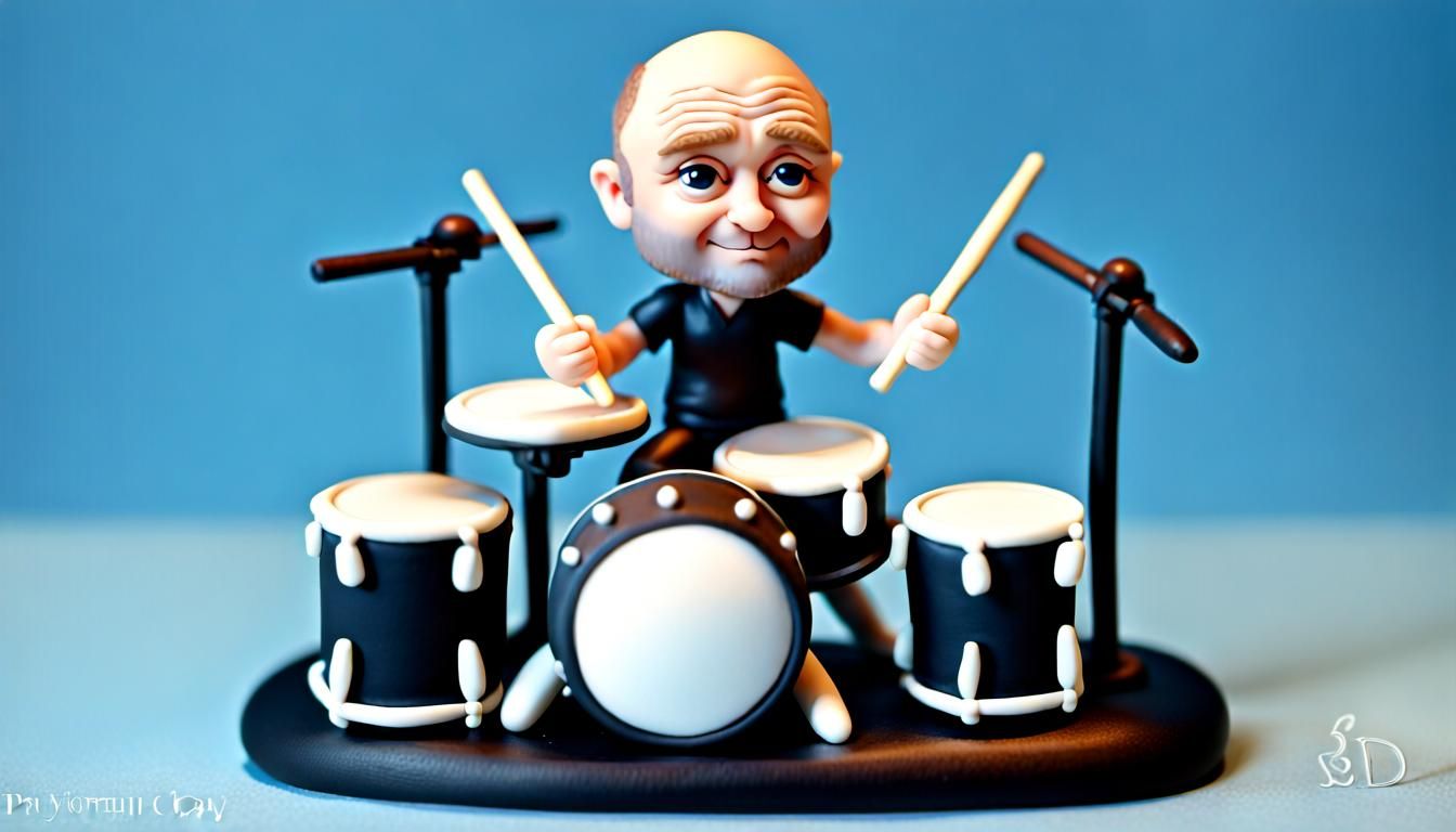 Chibi Phil Collins Playing Drums in Polymer Clay