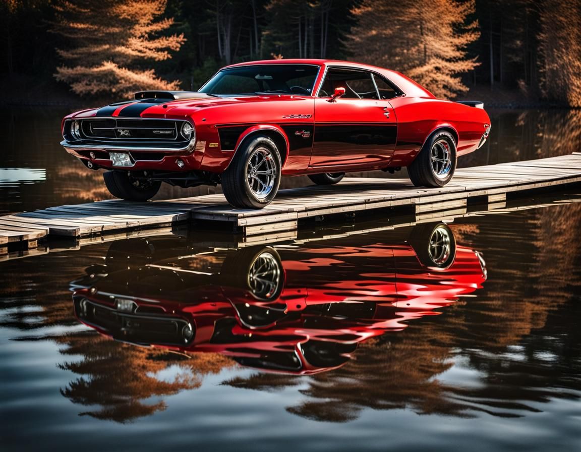 Red Muscle Car Jumping Over Lake Reflection