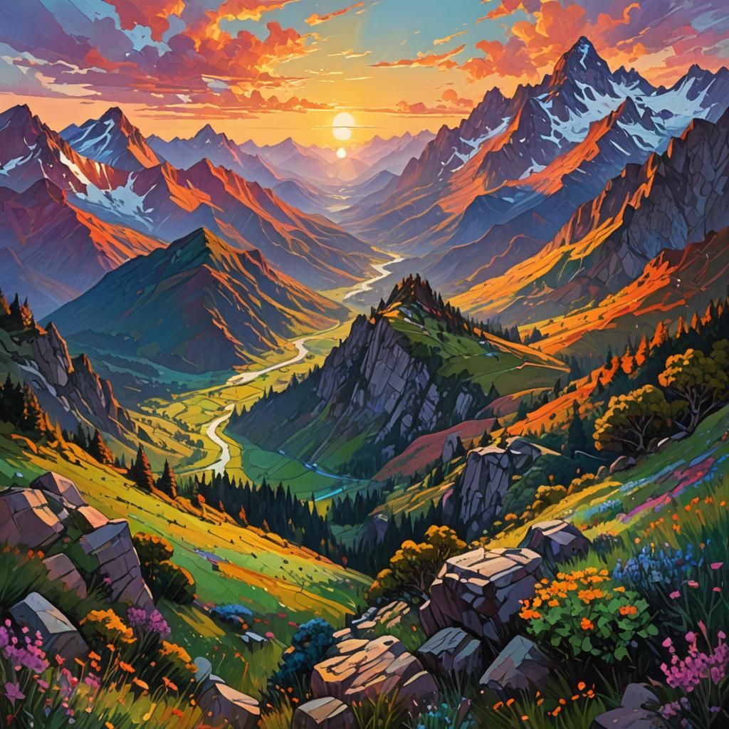 Sunrise Over Mountainscape in Ethereal Impasto Style