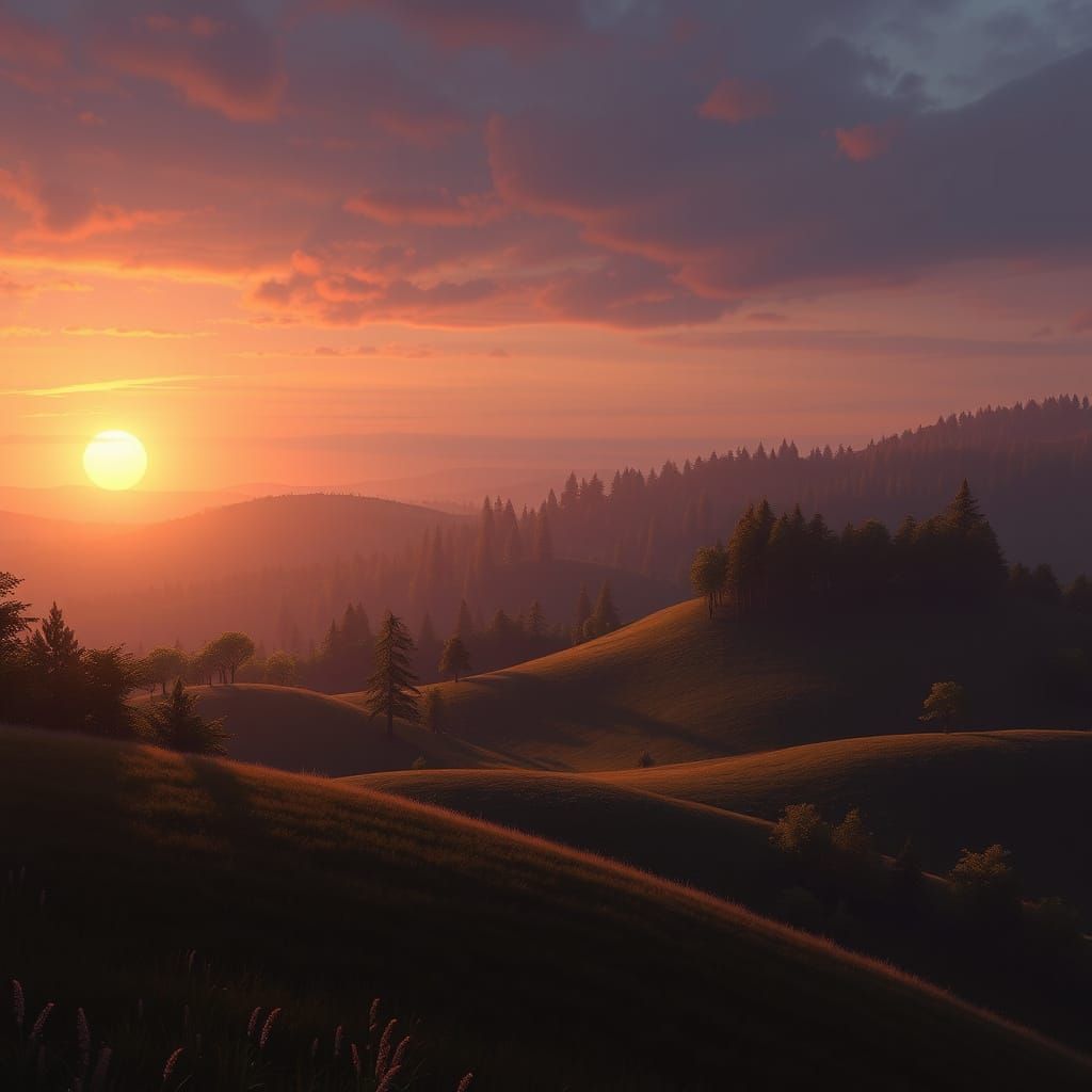 Rolling Hills and Forest at Dusk: Fantasy Concept Art