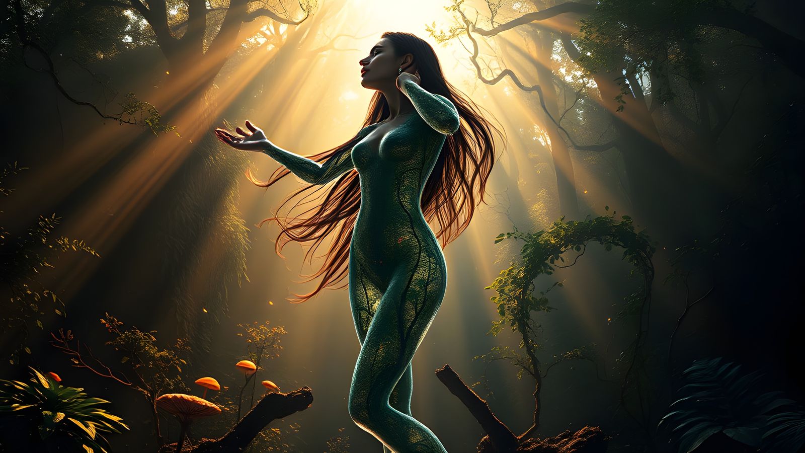 Dancing Glass Lady in Forest, Detailed Digital Art