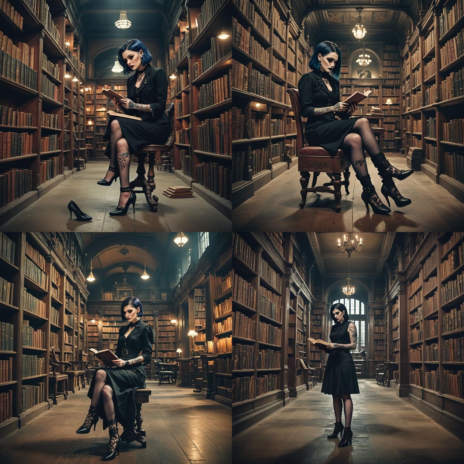 Gothic Woman Reads in Haunted Library