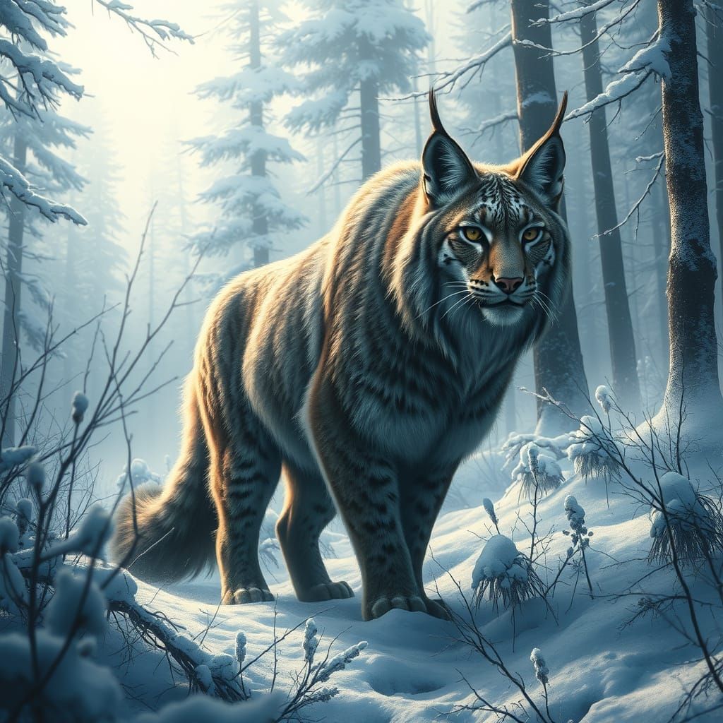 Photorealistic Lynx-Buffalo Hybrid in Winter Forest