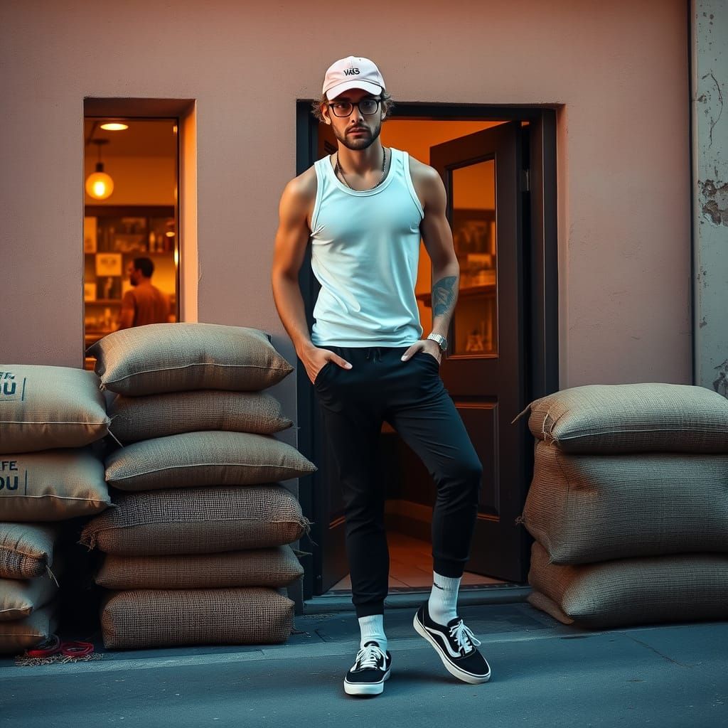 Young Man in Peach Light Leans Against Jute Sacks