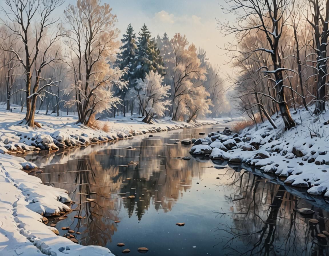 Winter River Landscape in Watercolor Style