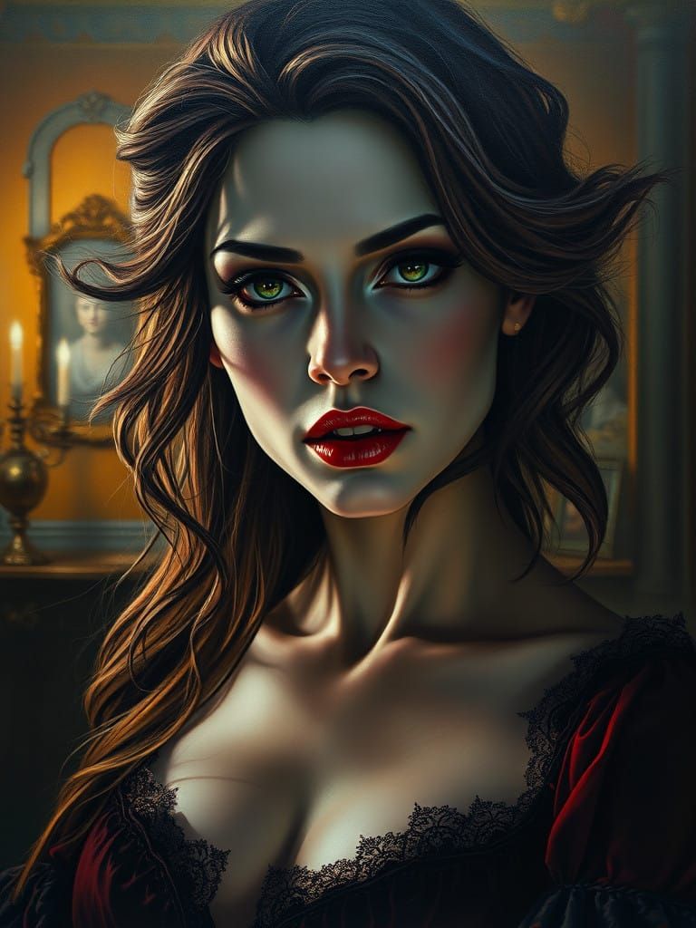 Ethereal Victorian Vampire in Dramatic Oil Painting
