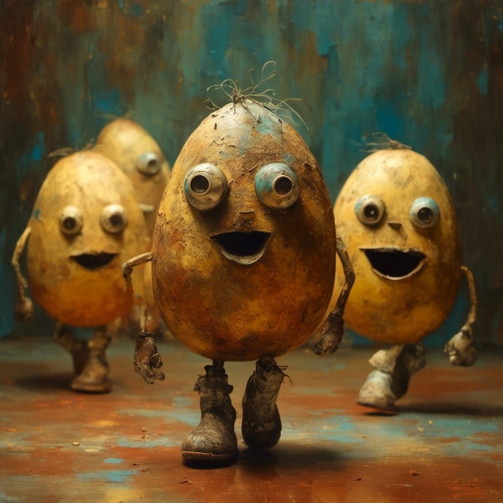Potatoes Line Dancing in Ballroom with Volumetric Lighting