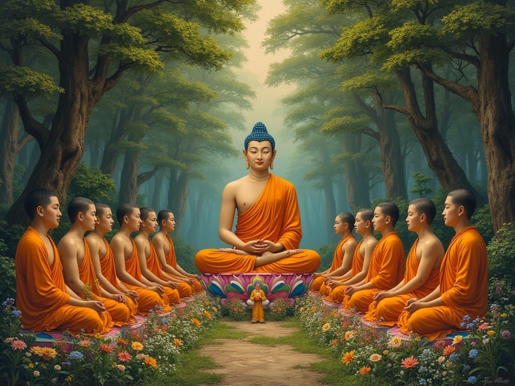 Buddha and Disciples Meditating, Thangka Style