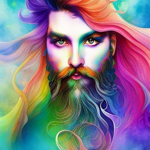Rainbow Haired Man in Watercolor Portrait
