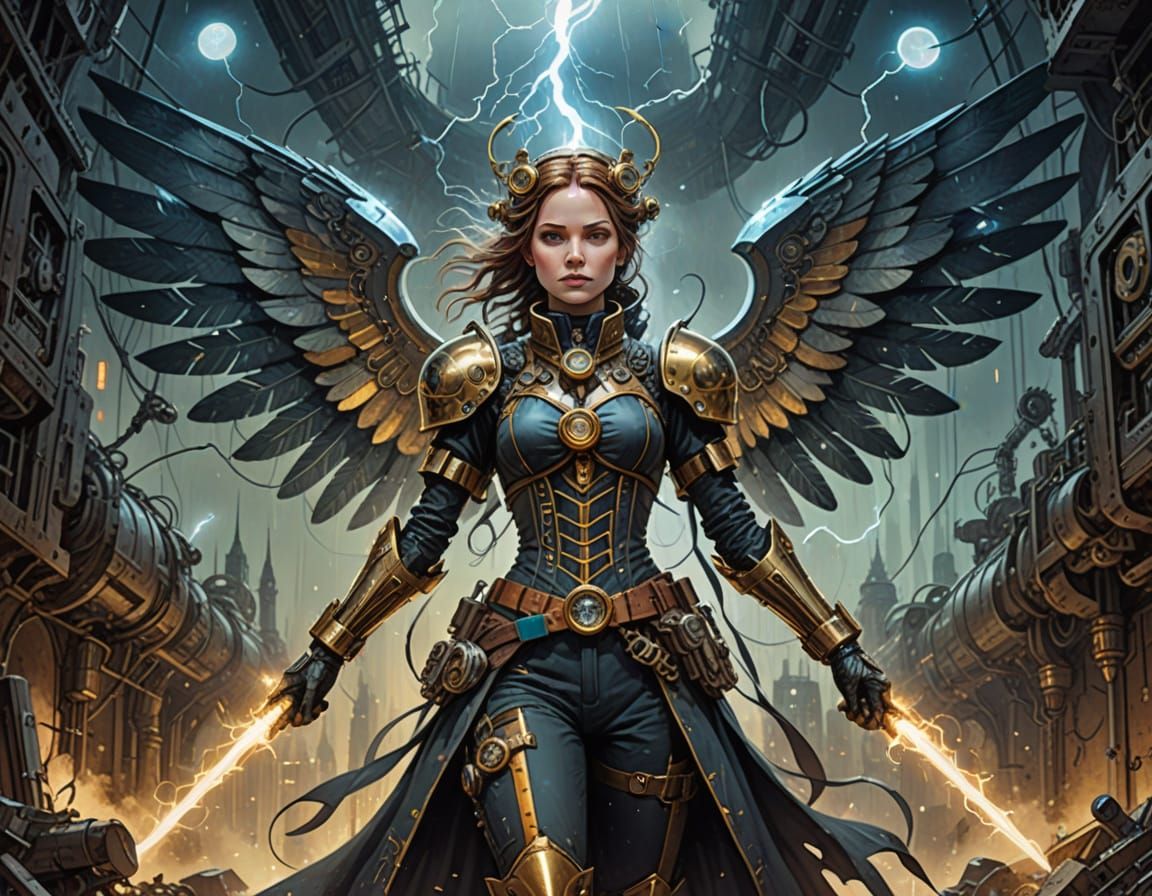 Steampunk Inventor with Mechanical Wings in Storm