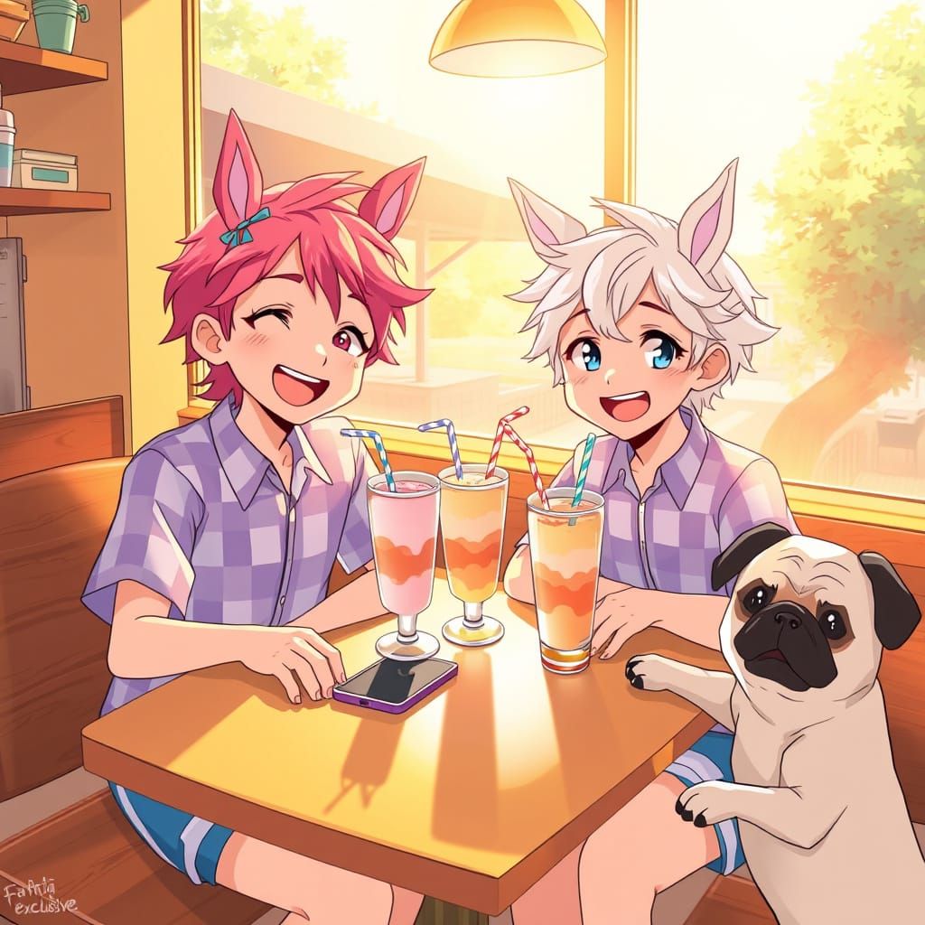 Adorable Boys with Horse Ears Enjoy Coffee Shop Morning