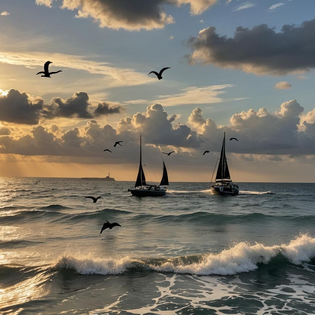 Caribbean Sunset Panorama with Yacht and Model