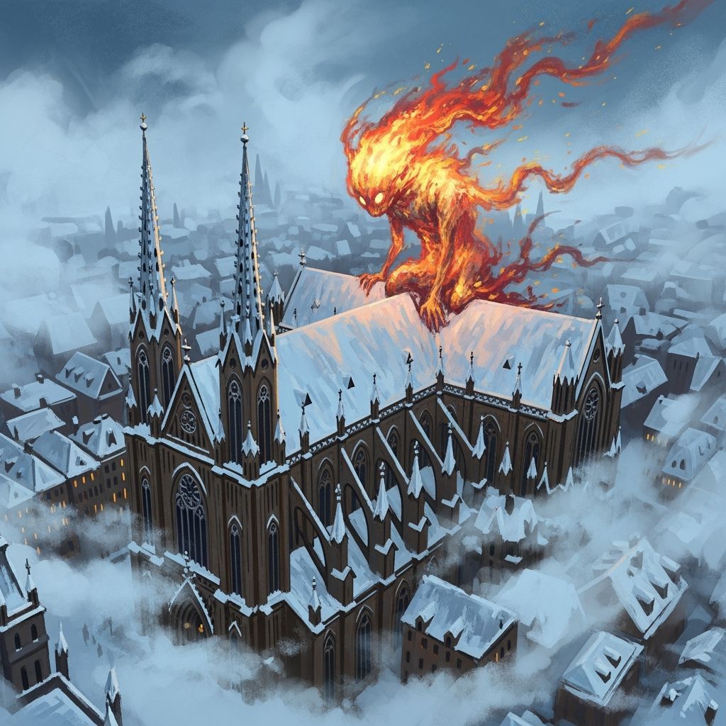 Snowy Cathedral with Fiery Phantom in Painterly Style