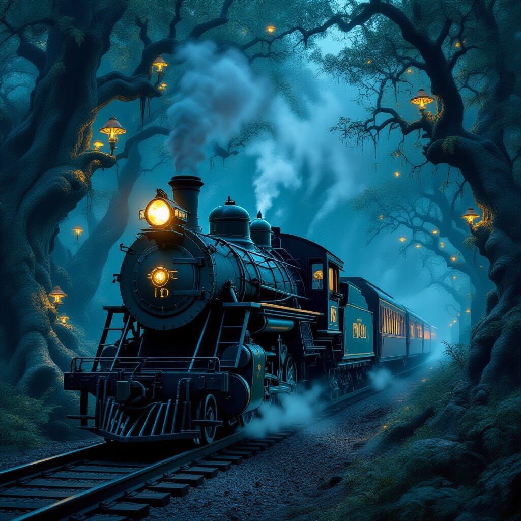 Enchanted Forest Steam Train with Ethereal Glow