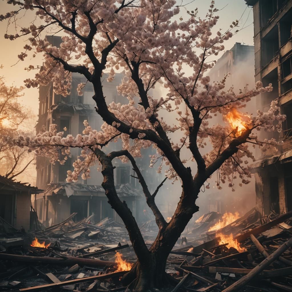 Cherry Blossom Tree Amidst Burning City