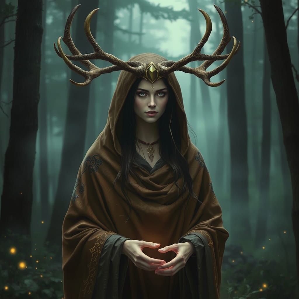 Mystical Shaman Woman with Antlers in Misty Forest
