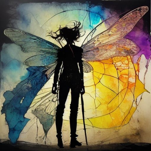 Pixie on Crescent Moon in Vibrant Alcohol Ink Style