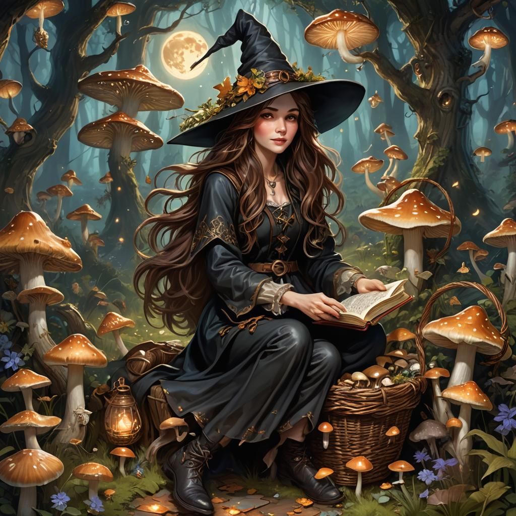 Enchanting Witch in Forest with Fairies, Matte Painting