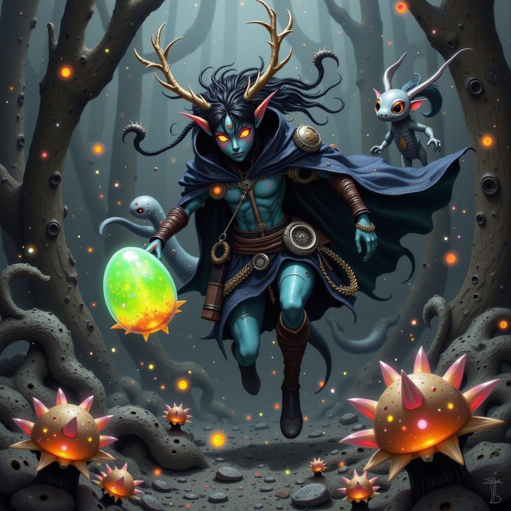 Fleeing Druid in Dark Alien World as Oil Painting