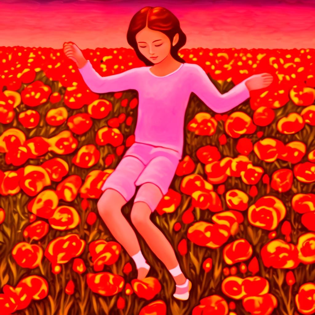 Woman in Flower Field at Sunset Oil Painting