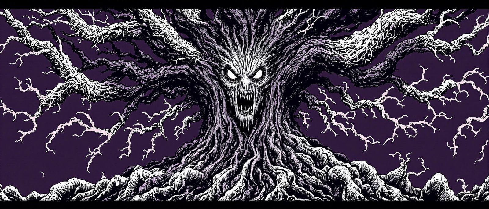 Dark Fantasy Tree with Monstrous Face in Comic Style