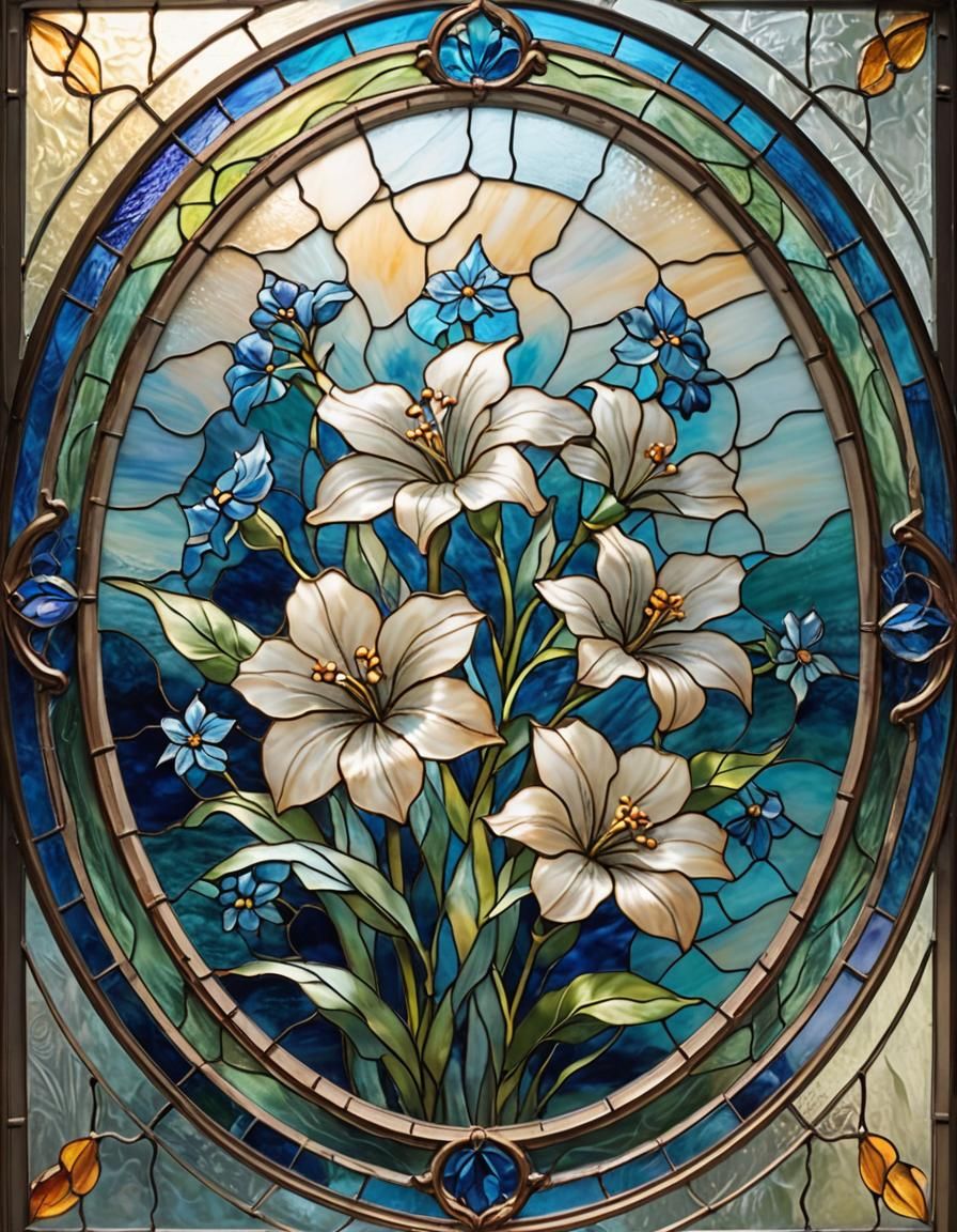 Blue Flag Flower in Stained Glass Art