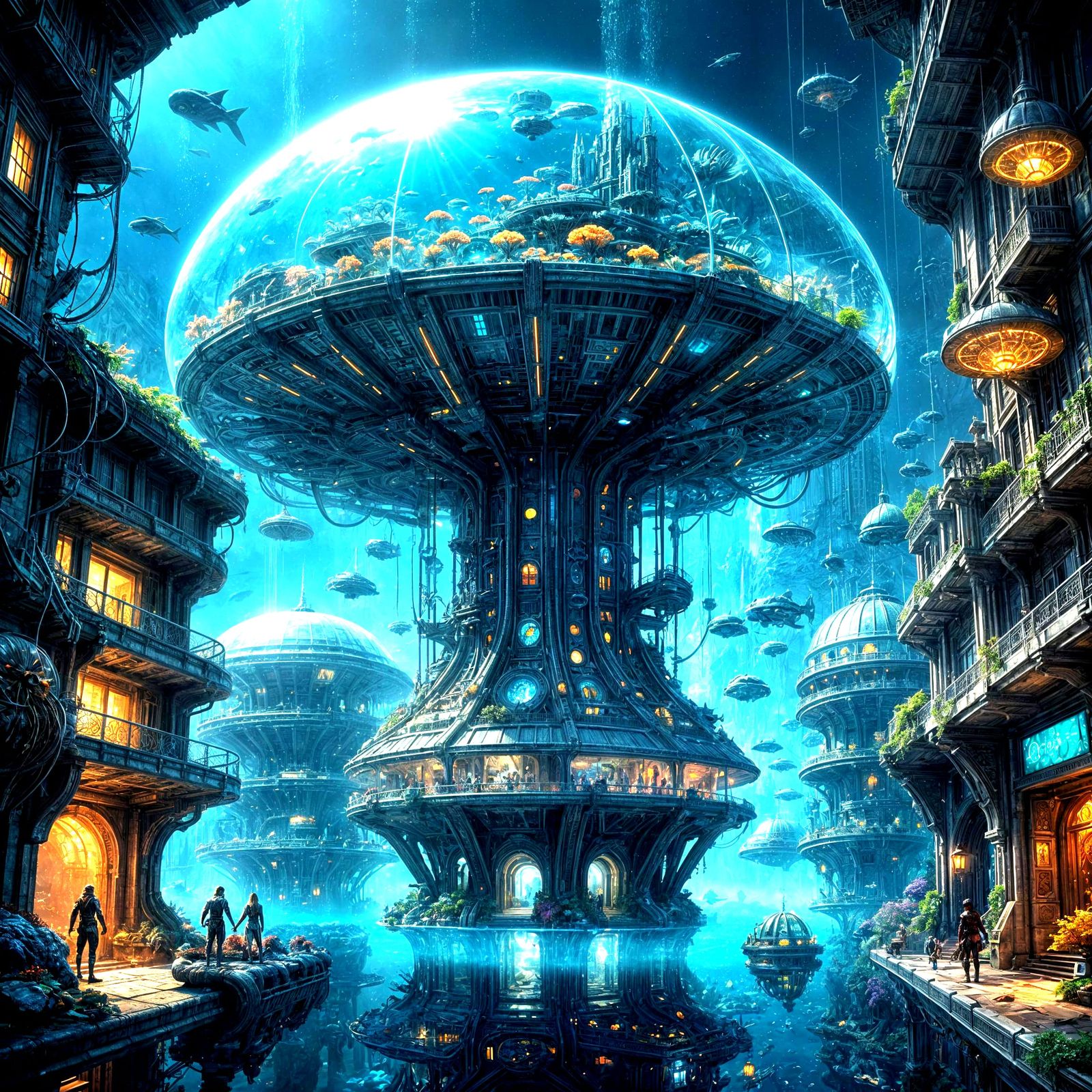 Futuristic Underwater City in Bioluminescent Dome