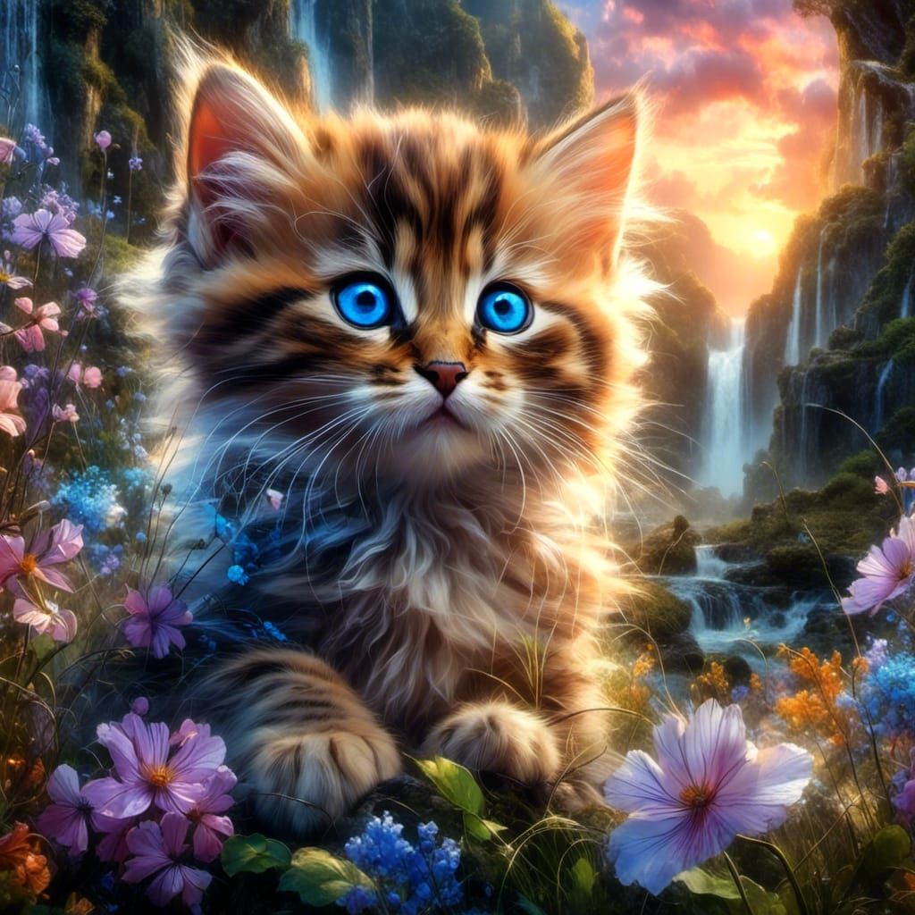 Tabby Kitten Pouncing by Waterfall in Detailed Digital Art